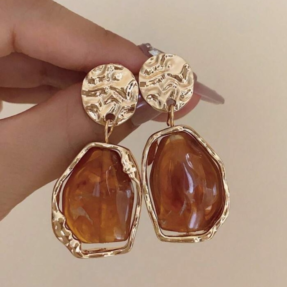 New! Anthro Amber Brown Gold Irregular Gemstone Drop Dangle Party Long Earrings